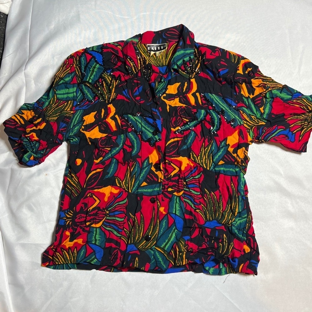Vintage Faith Tropical Abstract Sequin Button Down Medium